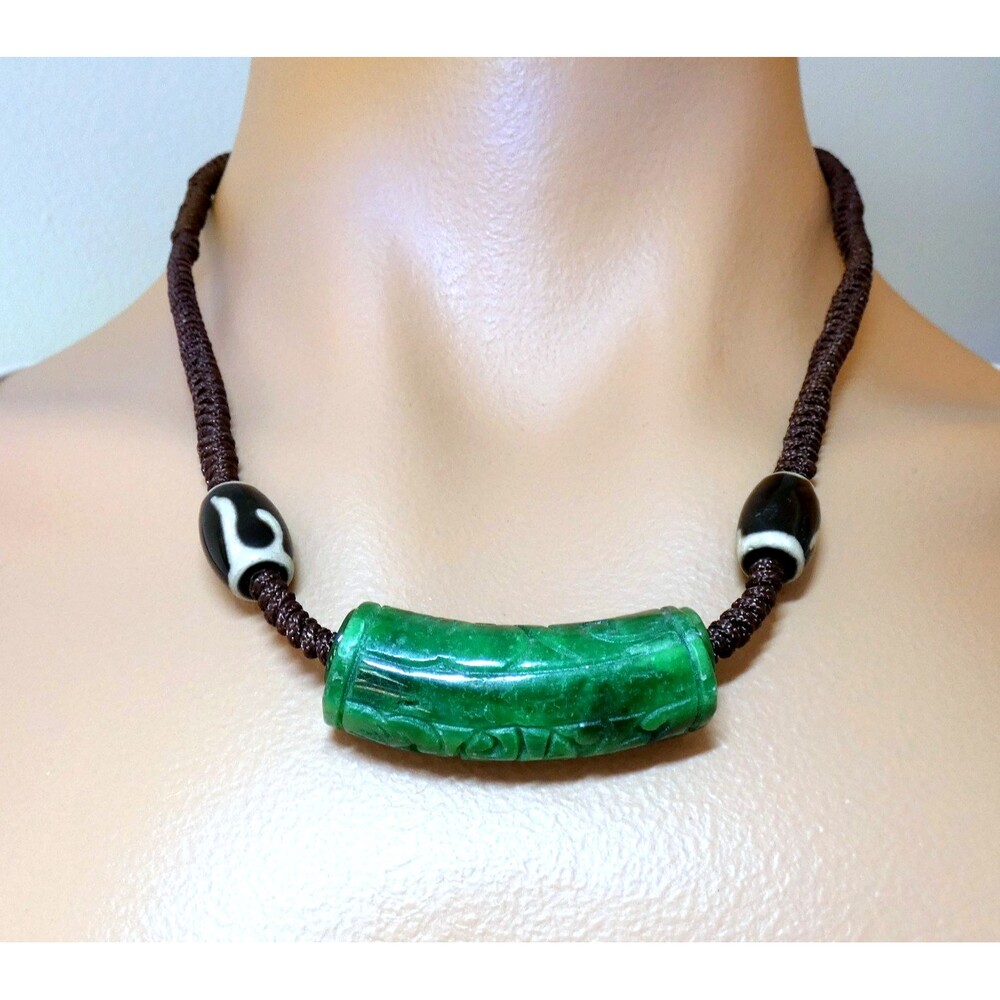 Jade Pendant Necklace W/ Beads Cord Handmade Carved Green Gemstone